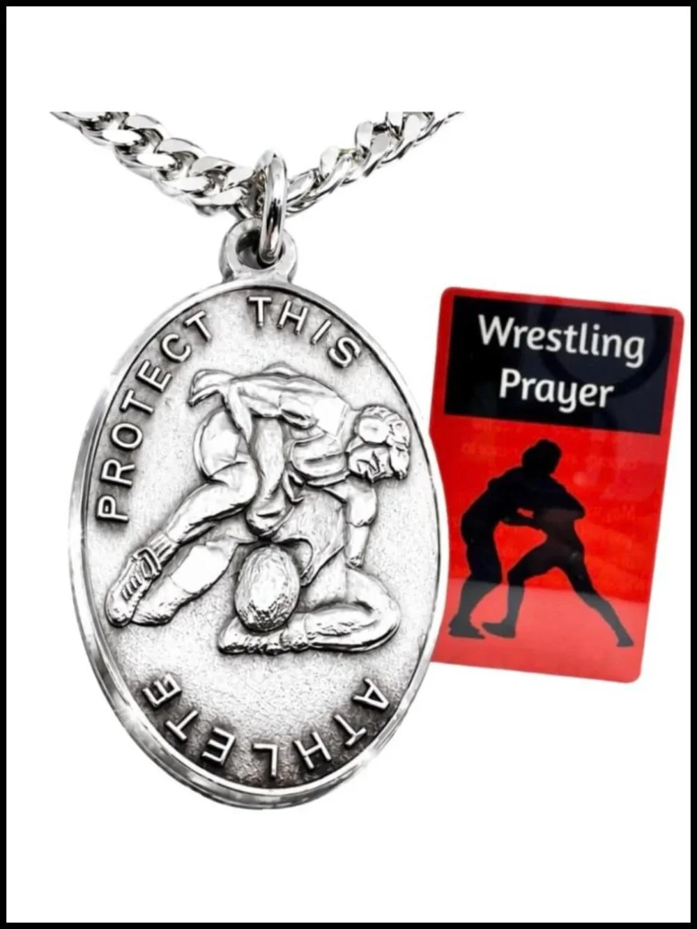 Wrestling Medal Pewter Pendant Necklace St Sebastian with Prayer Card